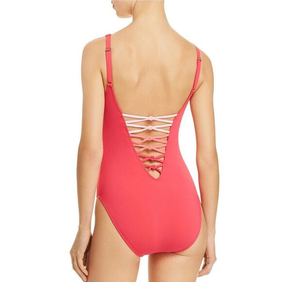 Bleu Rod Beattie Pink Lace-Up Plunge One-Piece Swimsuit - Size 10 - Picture 2 of 15